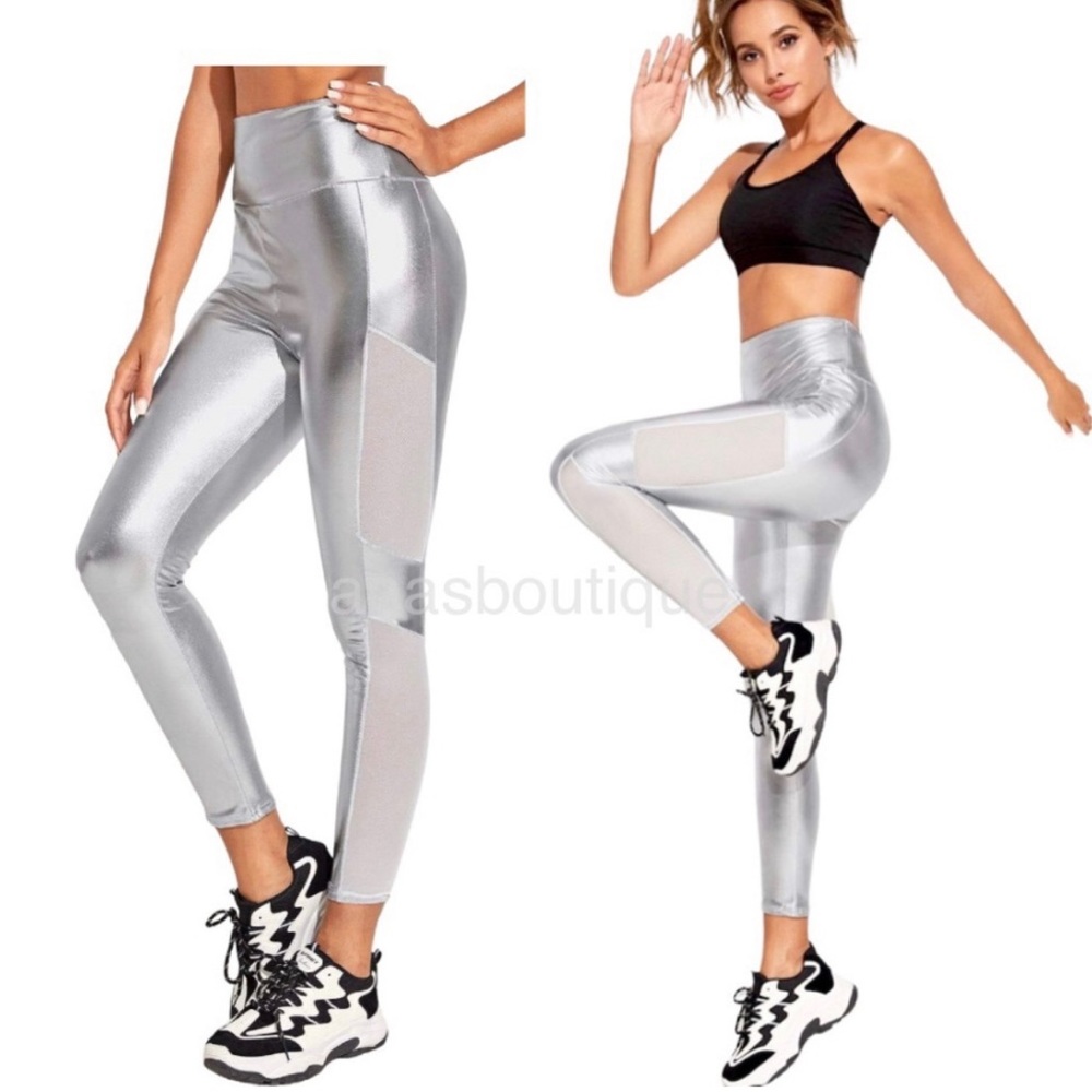 Secndnture mesh side panel stretch leggings women Size Medium silver/white
